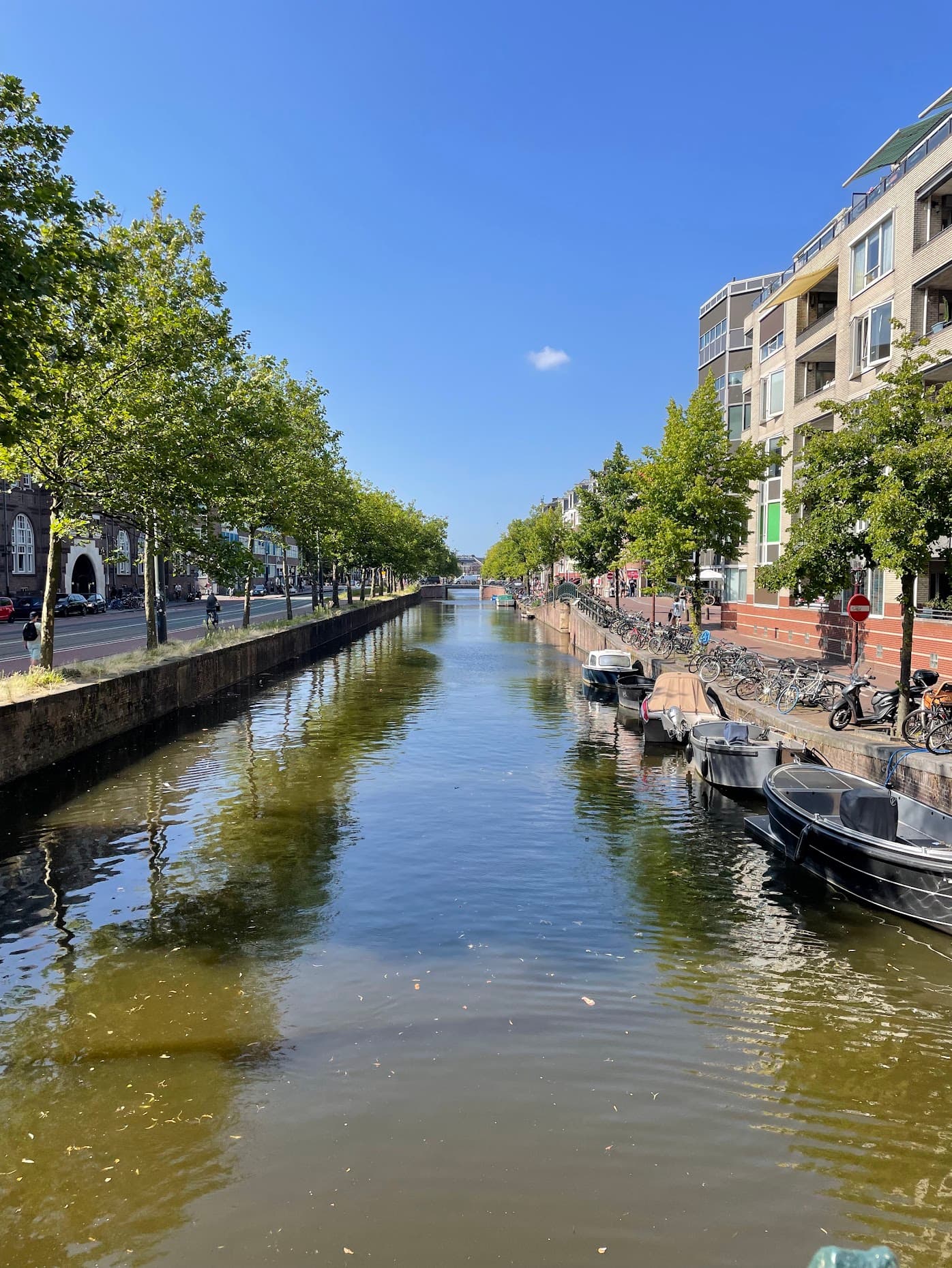 Boats moored along a tree-lined Amsterdam canal under a blue sky
